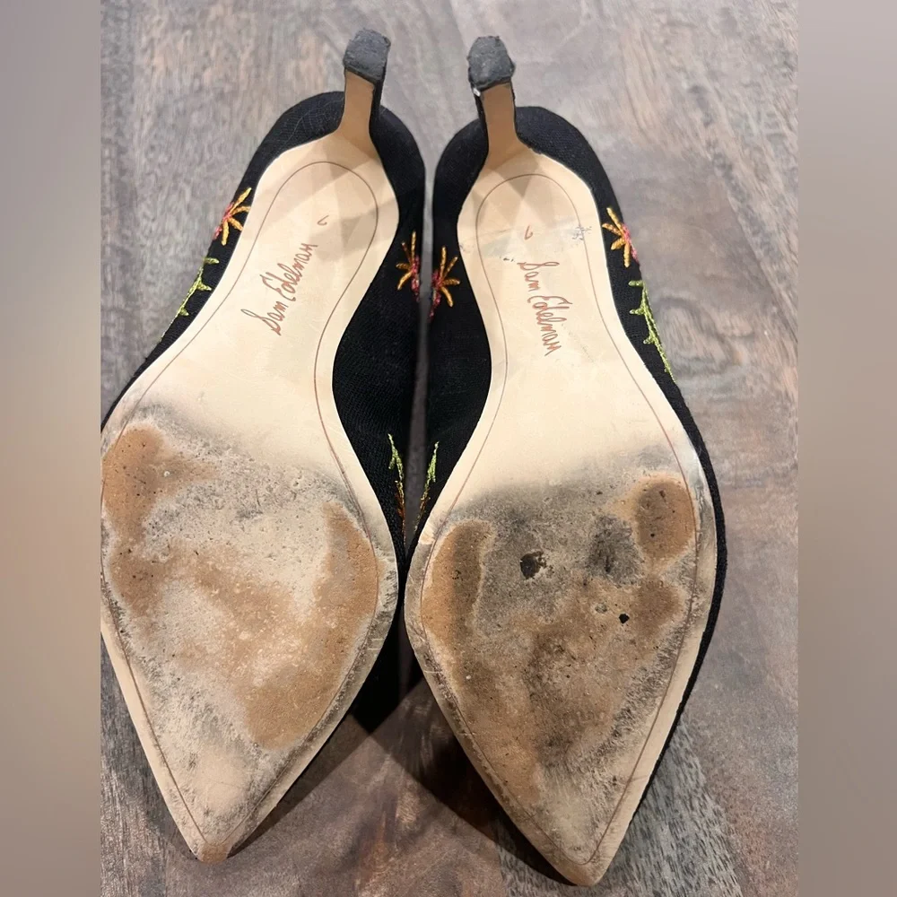 Sam Edelman Black Floral Embroidered Heels Size 7 - Picture 5 of 6
